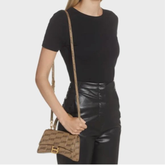 BALENCIAGA EXTRA SMALL HOURGLASS LICENSE LOGO CANVAS TOP HANDLE BAG in BEIGE - Picture 5 of 13